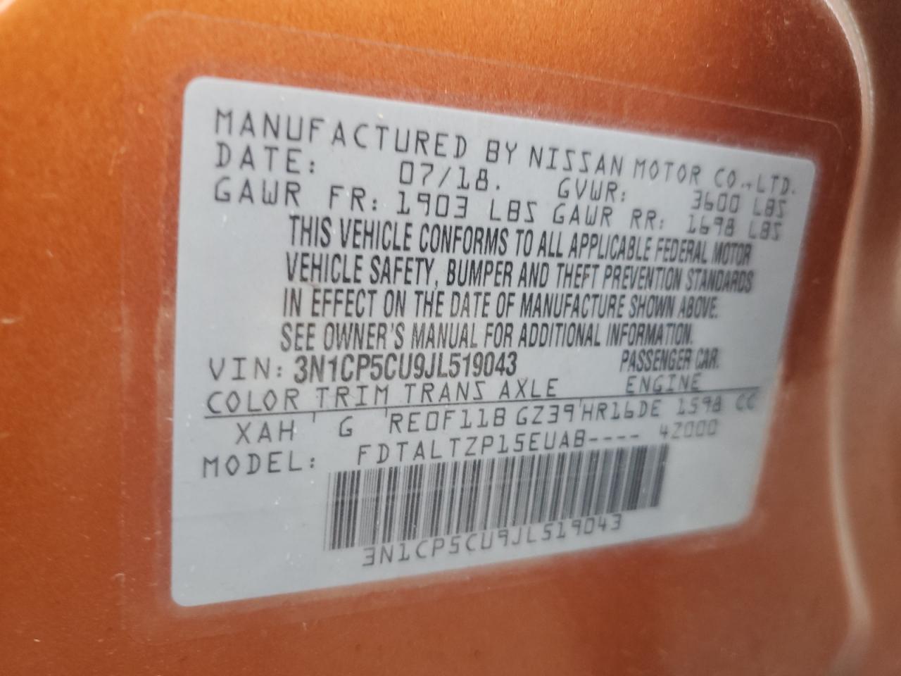 2018 Nissan Kicks S VIN: 3N1CP5CU9JL519043 Lot: 82249165