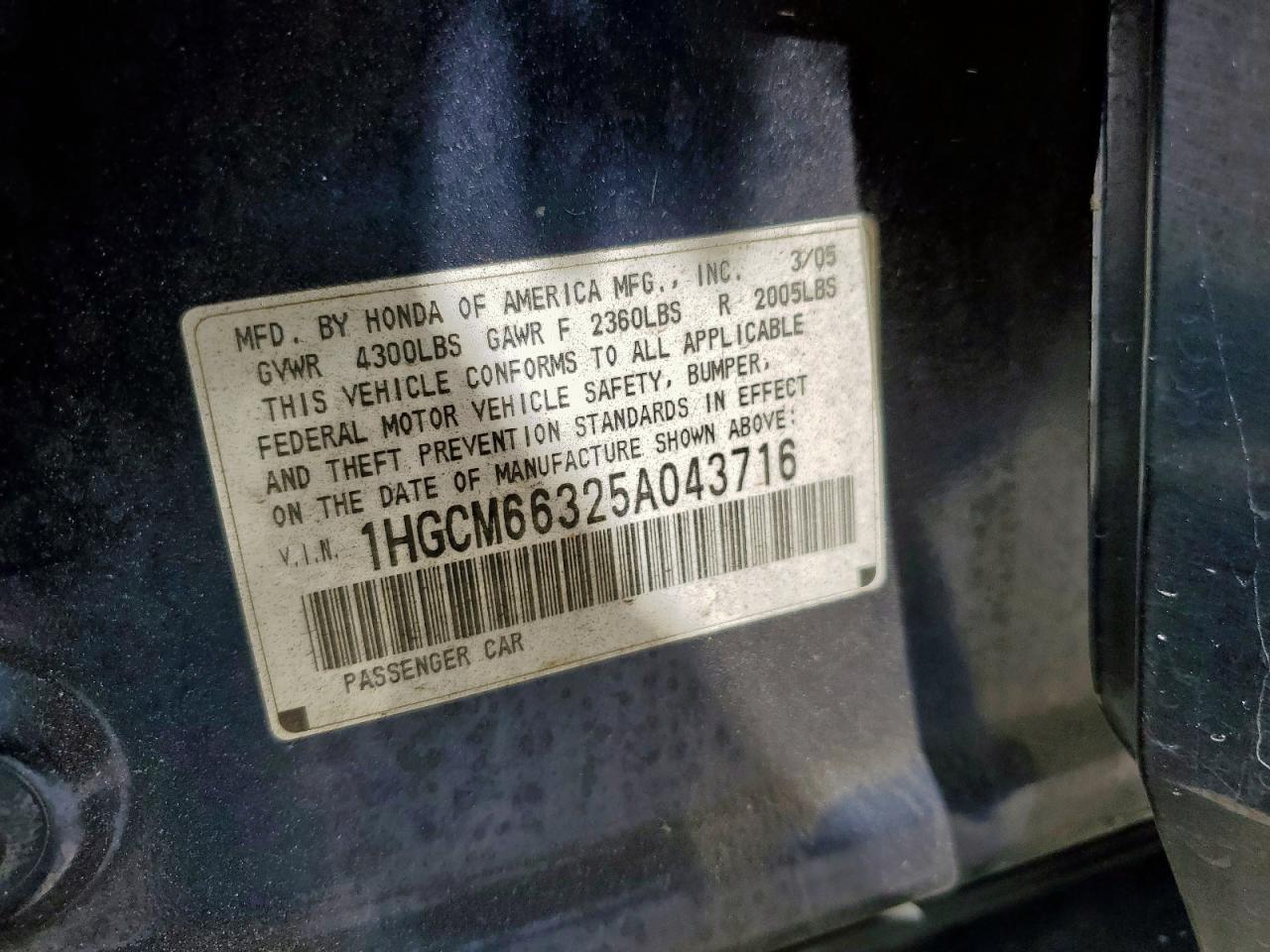 2005 Honda Accord Lx VIN: 1HGCM66325A043716 Lot: 82301625
