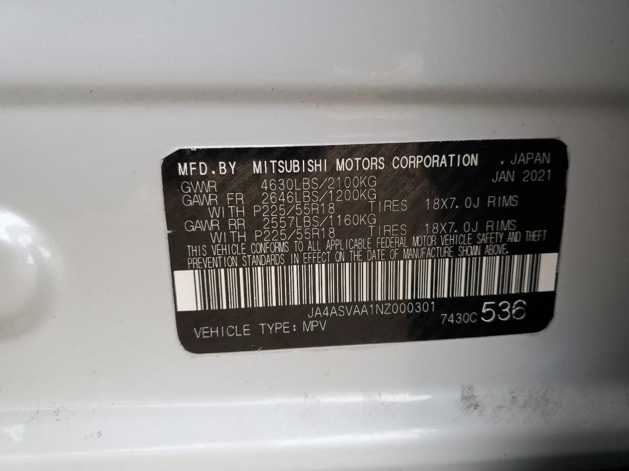2022 Mitsubishi Eclipse Cross Le VIN: JA4ASVAA1NZ000301 Lot: 85344285