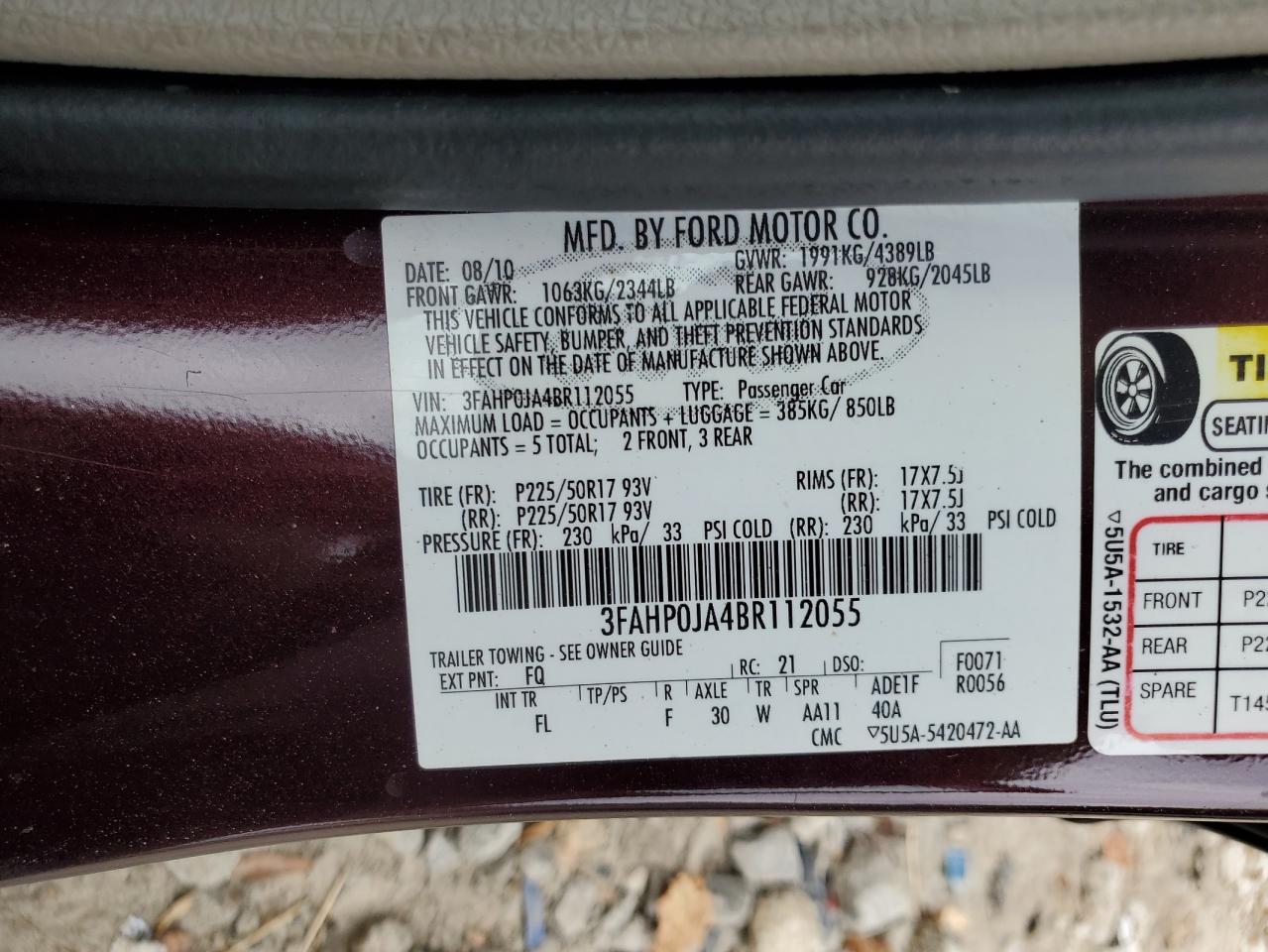 2011 Ford Fusion Sel VIN: 3FAHP0JA4BR112055 Lot: 87404725