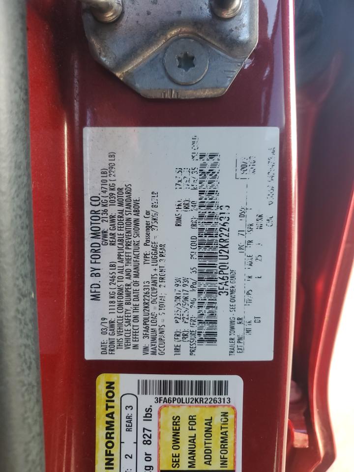 2019 Ford Fusion Se VIN: 3FA6P0LU2KR226313 Lot: 90038505