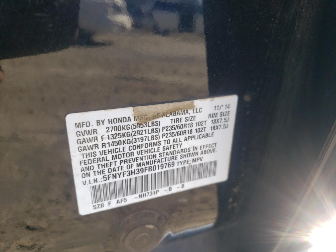 2015 Honda Pilot Se VIN: 5FNYF3H39FB019769 Lot: 81951385