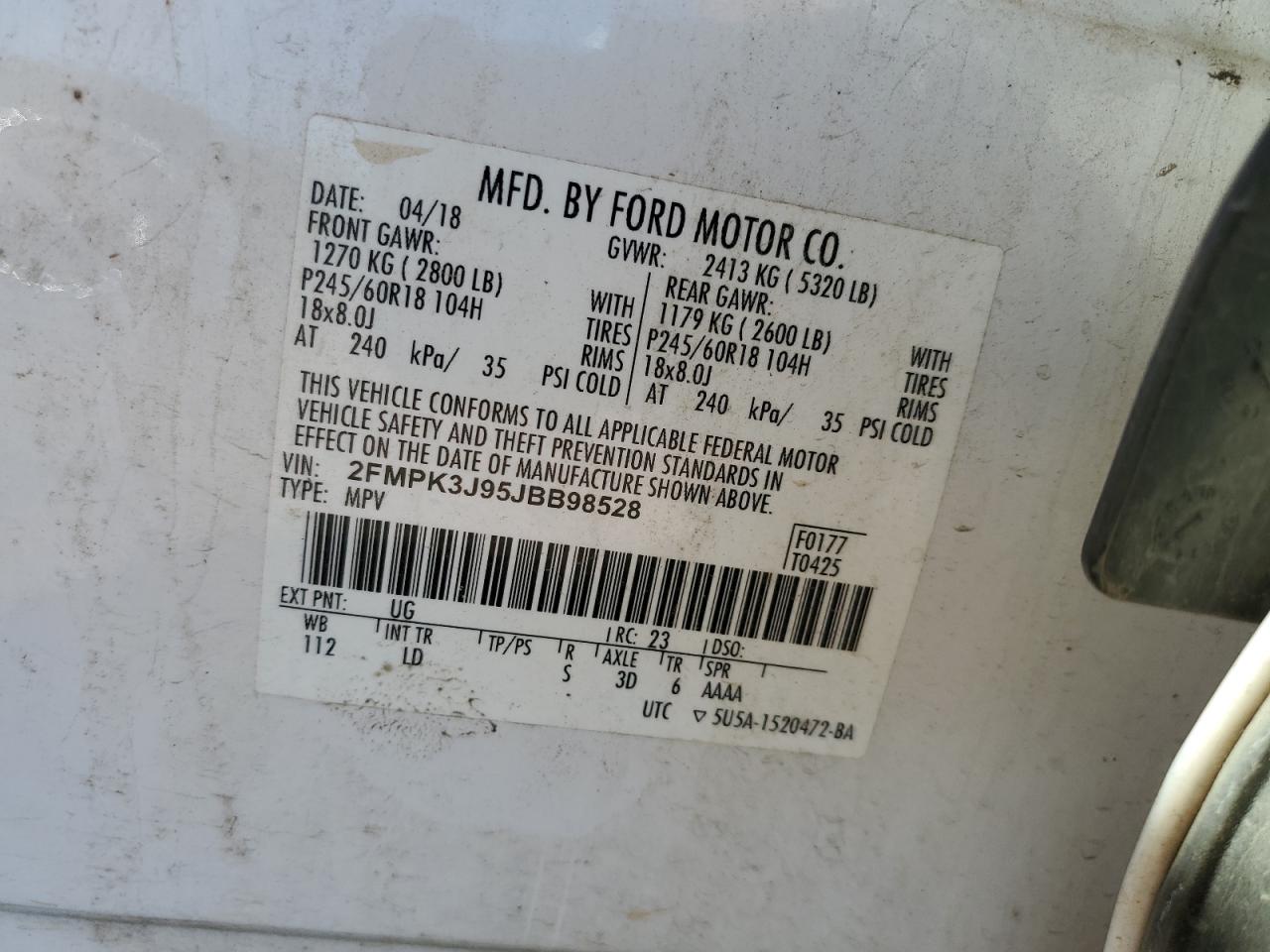 2018 Ford Edge Sel VIN: 2FMPK3J95JBB98528 Lot: 82607885