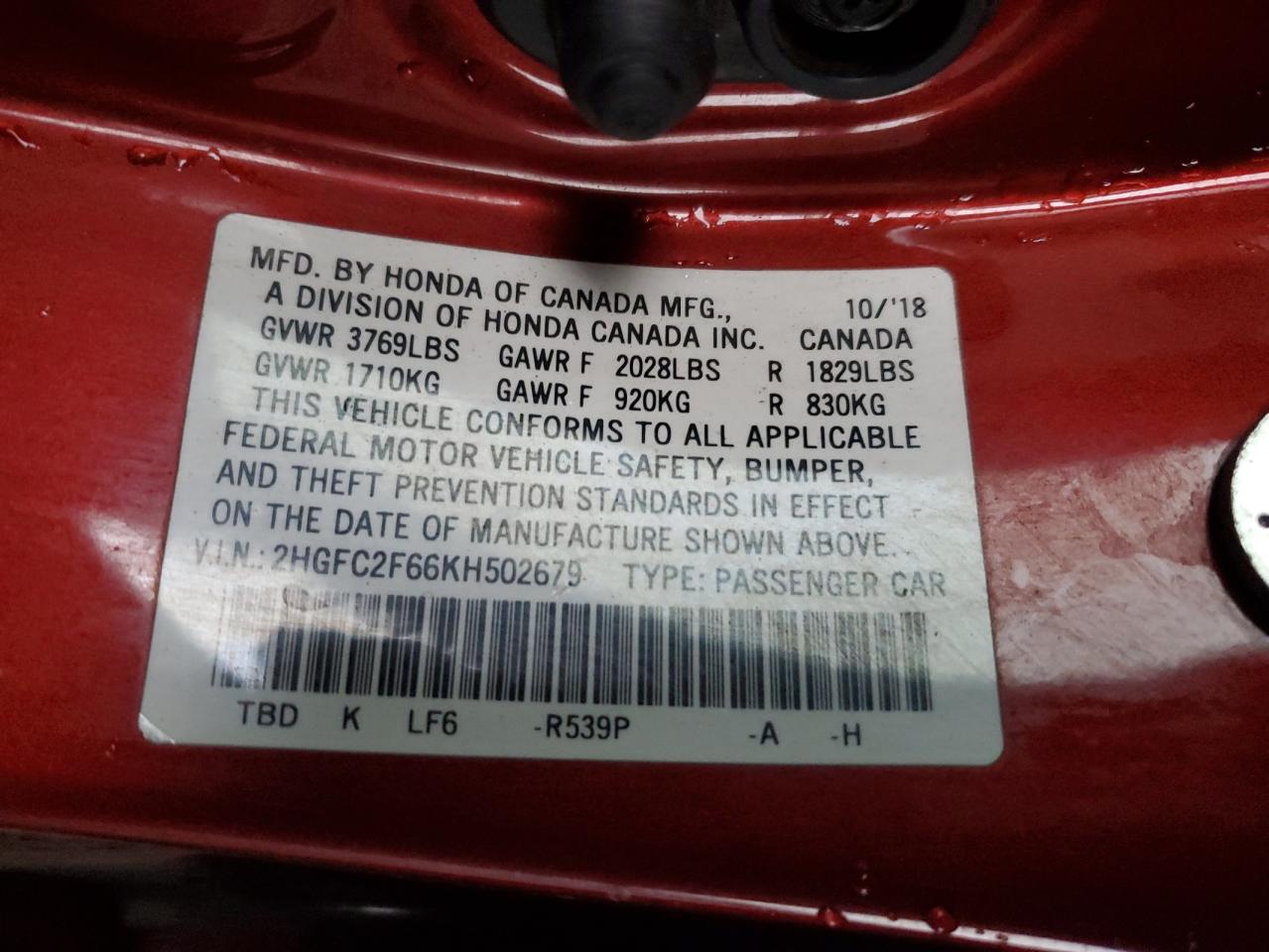 2019 Honda Civic Lx VIN: 2HGFC2F66KH502679 Lot: 82307325