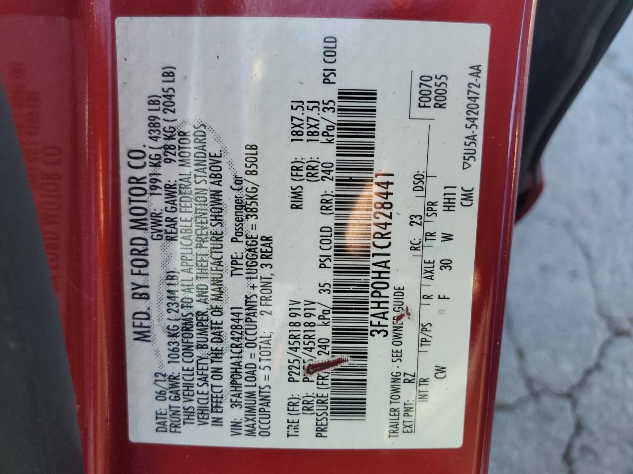 2012 Ford Fusion Se VIN: 3FAHP0HA1CR428441 Lot: 87097955