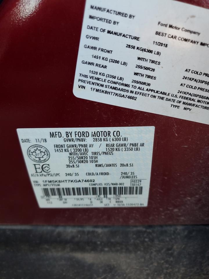 2019 Ford Explorer Platinum VIN: 1FM5K8HT7KGA74602 Lot: 82227215