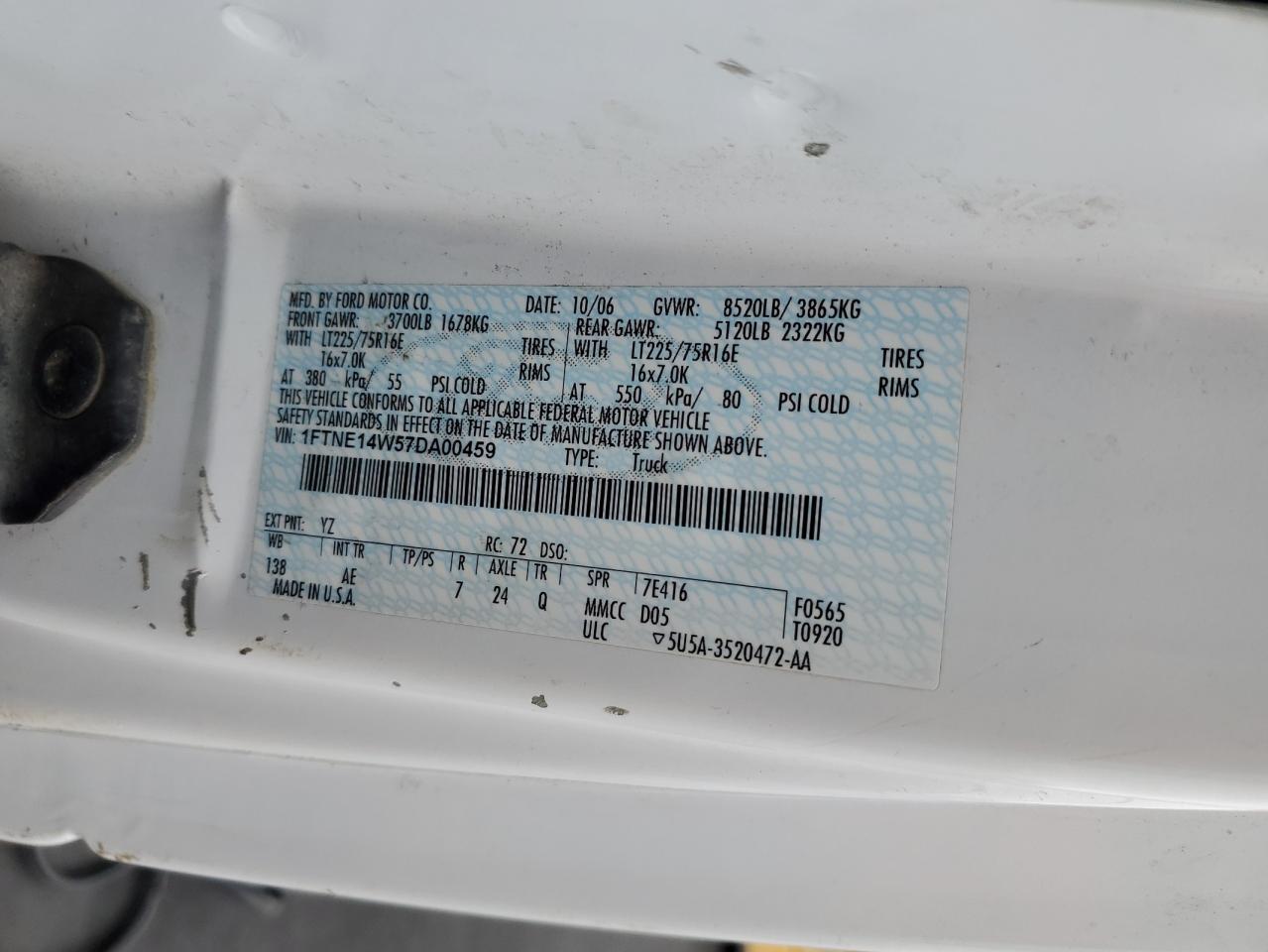 2007 Ford Econoline E150 Van VIN: 1FTNE14W57DA00459 Lot: 89834855