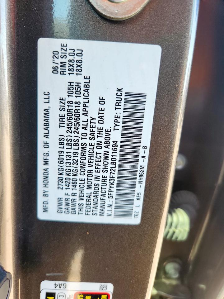 2020 Honda Ridgeline Rtl VIN: 5FPYK3F72LB011694 Lot: 84522675