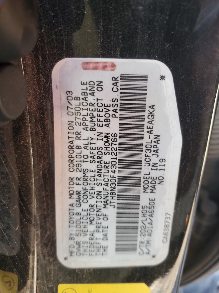 2003 Lexus Ls 430 VIN: JTHBN30F430122766 Lot: 84379525