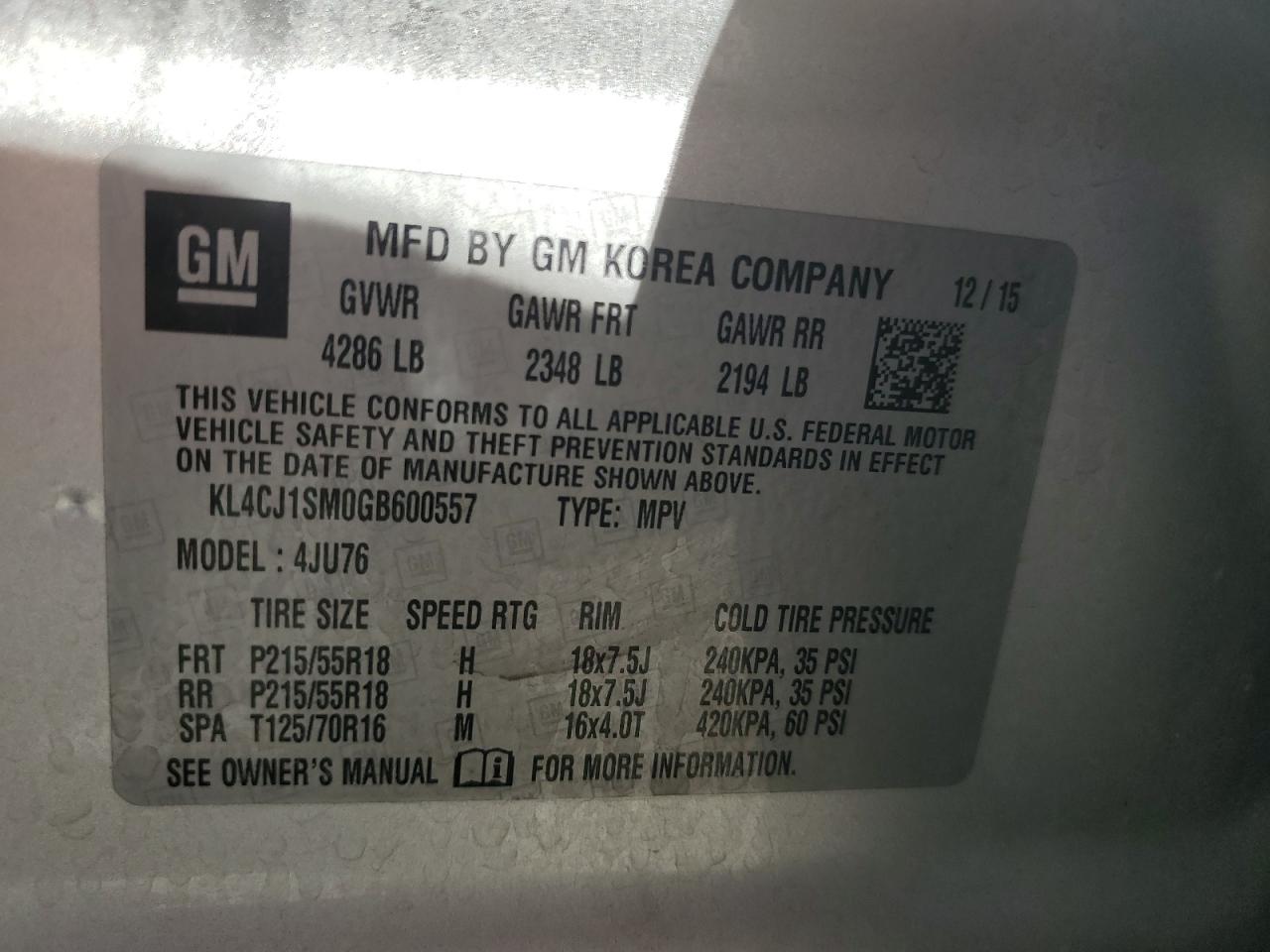 2016 Buick Encore Sport Touring VIN: KL4CJ1SM0GB600557 Lot: 86821495