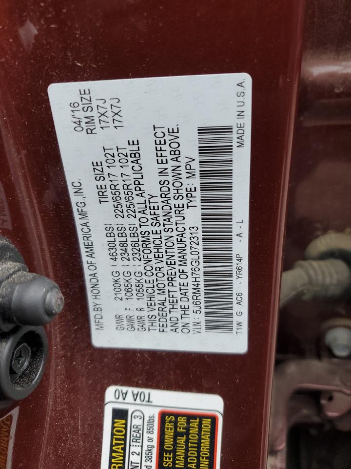 2016 Honda Cr-V Exl VIN: 5J6RM4H76GL072313 Lot: 85589535