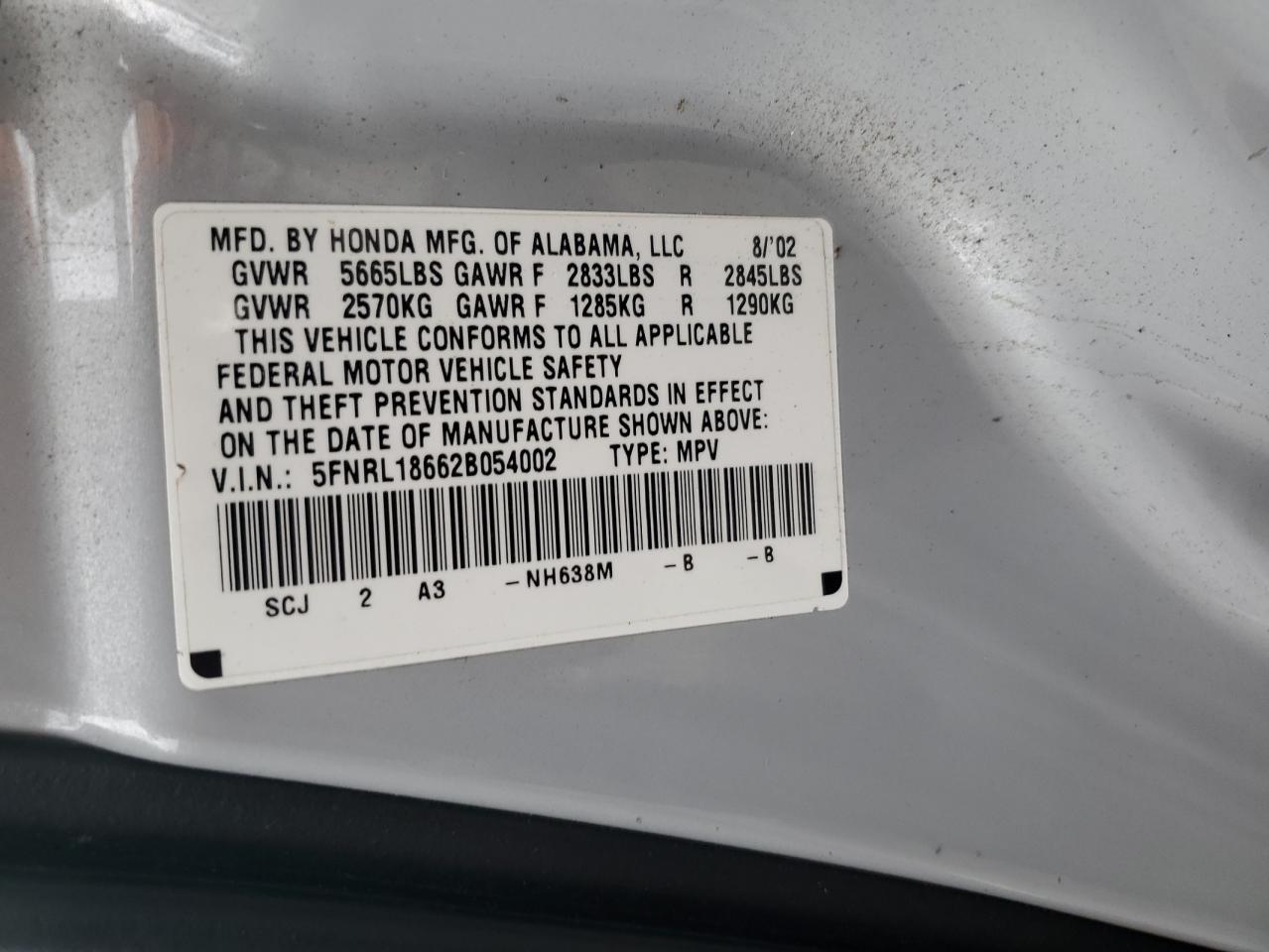 2002 Honda Odyssey Ex VIN: 5FNRL18662B054002 Lot: 86274695