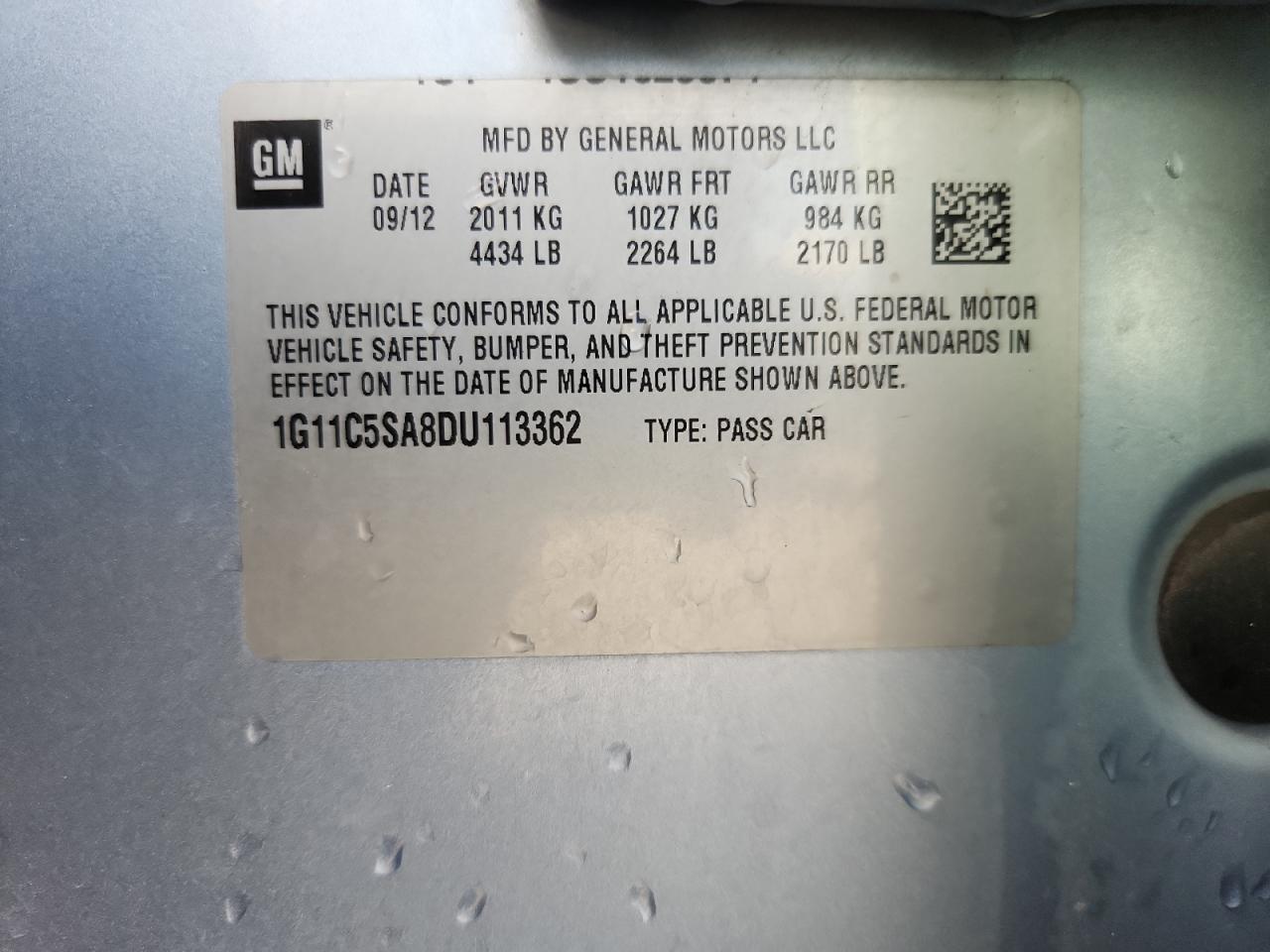 2013 Chevrolet Malibu 1Lt VIN: 1G11C5SA8DU113362 Lot: 86119995