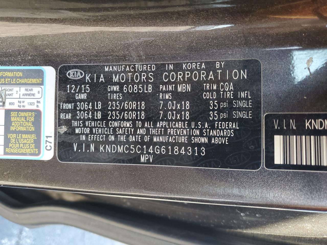 2016 Kia Sedona Ex VIN: KNDMC5C14G6184313 Lot: 86894665