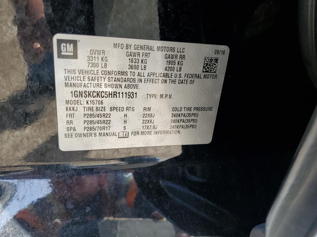 2017 Chevrolet Tahoe K1500 Premier VIN: 1GNSKCKC5HR111931 Lot: 84799095