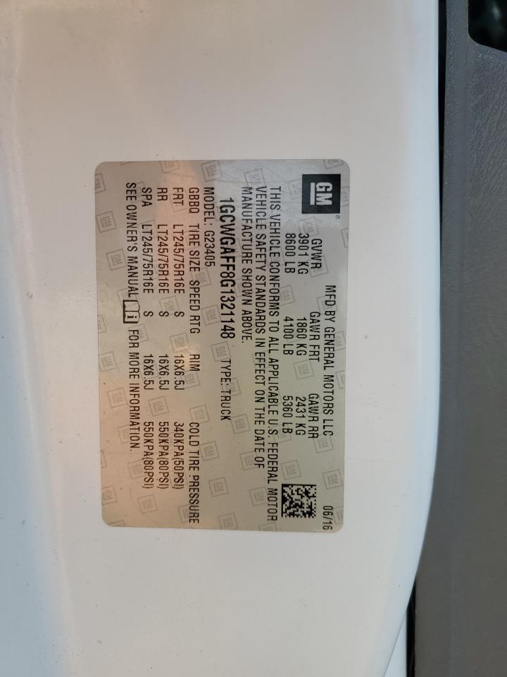 2016 Chevrolet Express G2500 VIN: 1GCWGAFF8G1321148 Lot: 86440355