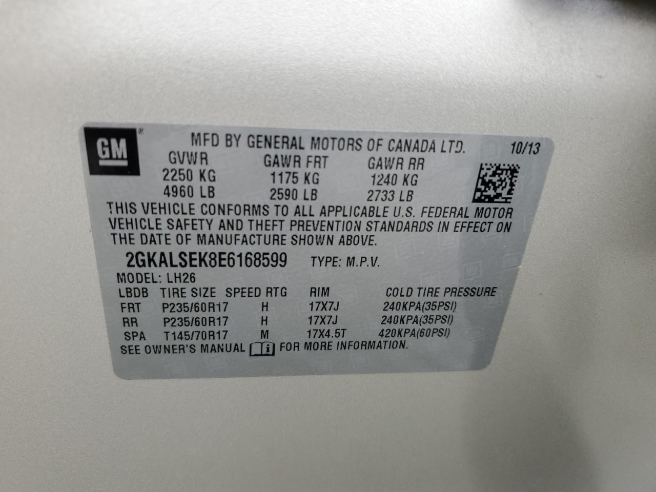 2014 GMC Terrain Slt VIN: 2GKALSEK8E6168599 Lot: 86074805