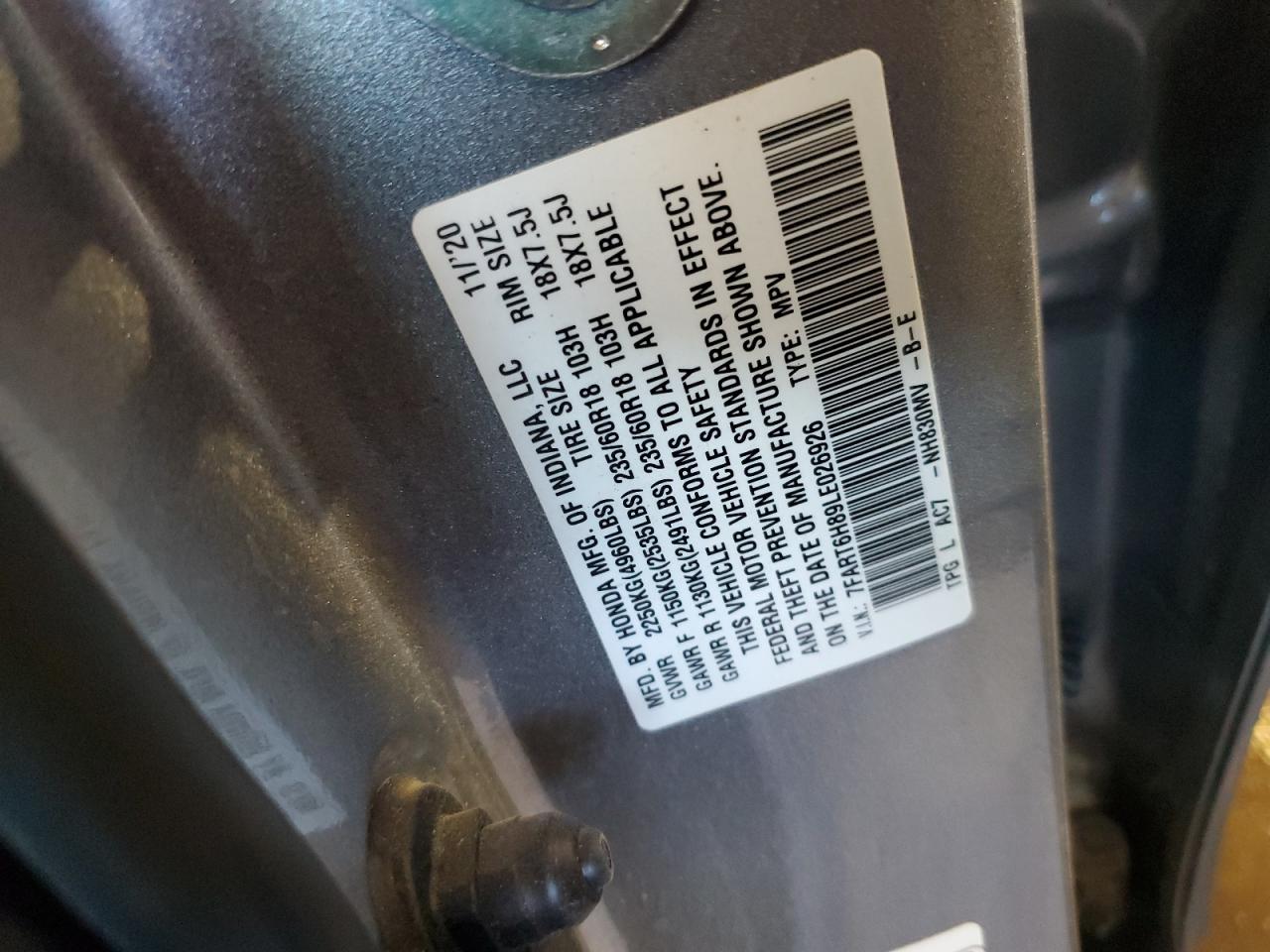 2020 Honda Cr-V Exl VIN: 7FART6H89LE026926 Lot: 84705415