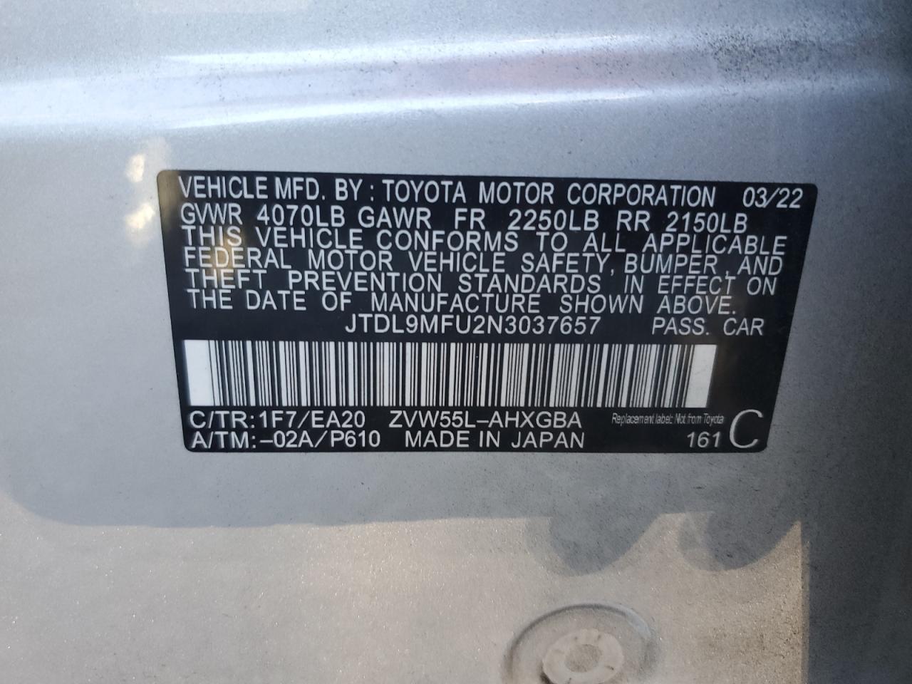 2022 Toyota Prius Le VIN: JTDL9MFU2N3037657 Lot: 86090935