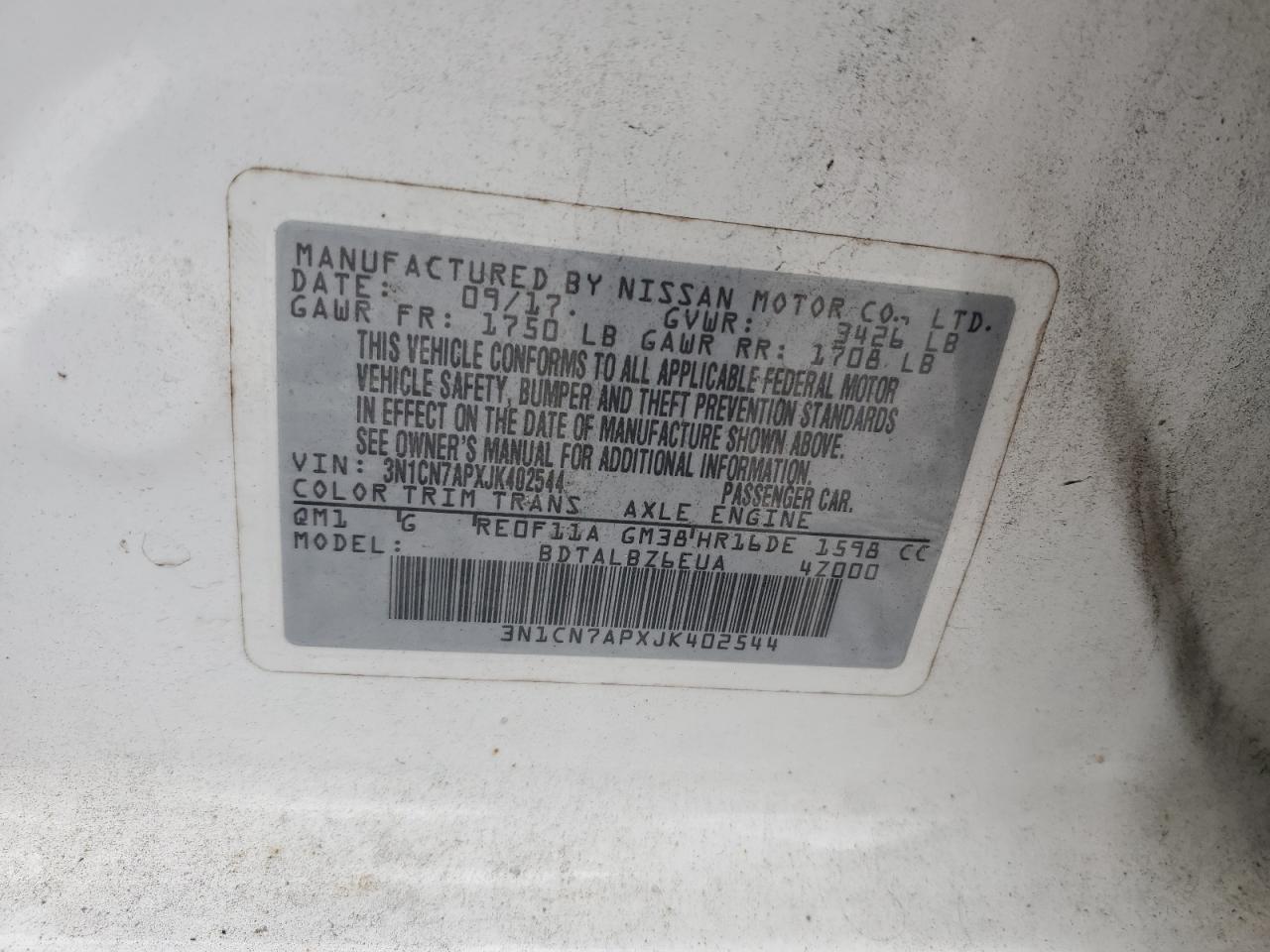 2018 Nissan Versa S VIN: 3N1CN7APXJK402544 Lot: 85487995