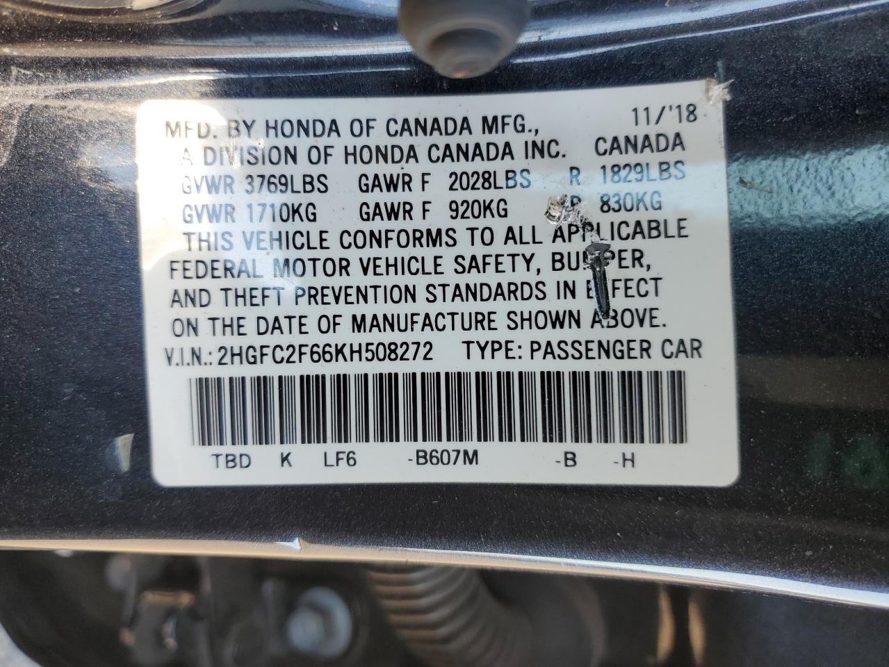 2019 Honda Civic Lx VIN: 2HGFC2F66KH508272 Lot: 81837055