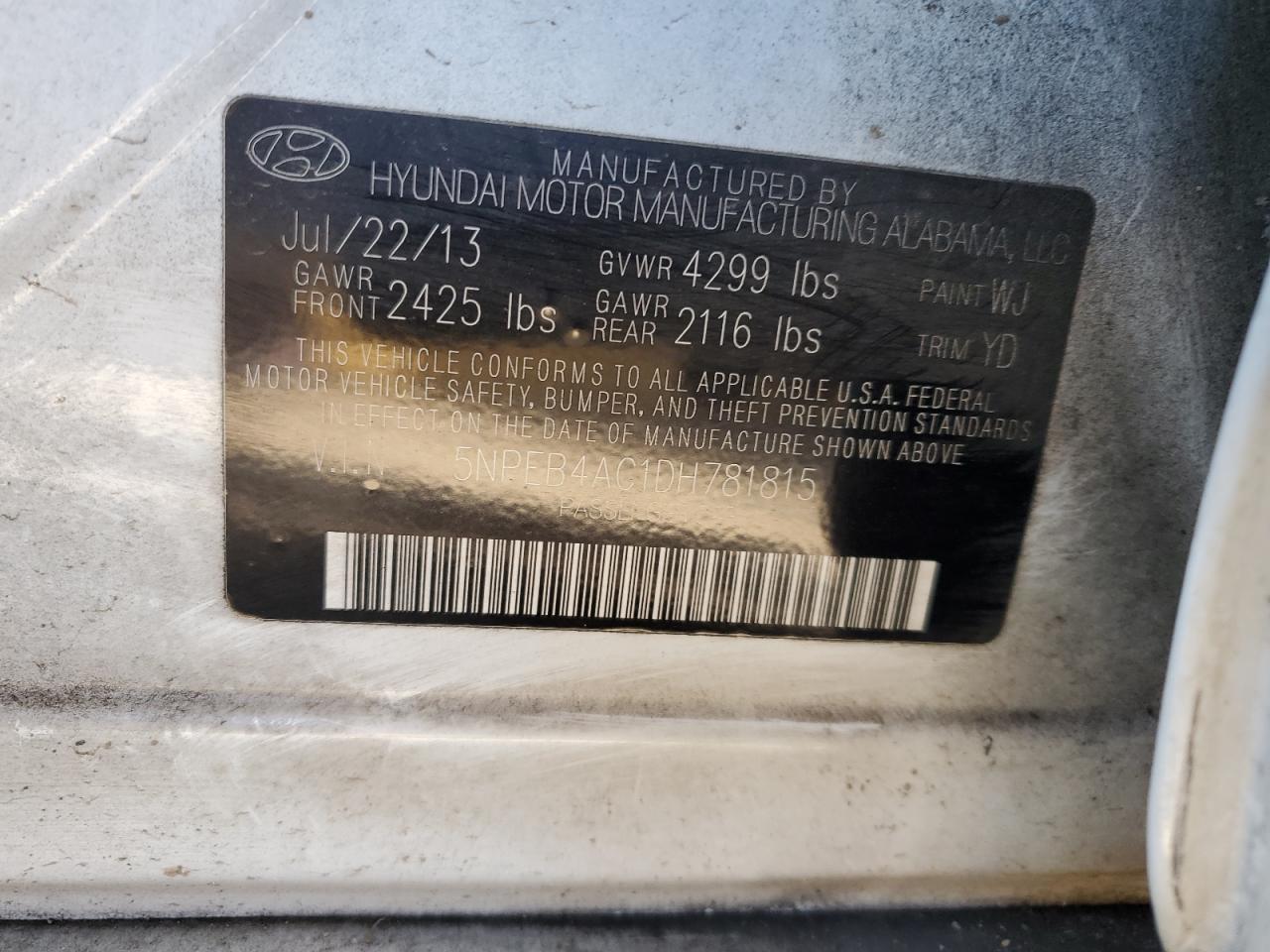 2013 Hyundai Sonata Gls VIN: 5NPEB4AC1DH781815 Lot: 82428725