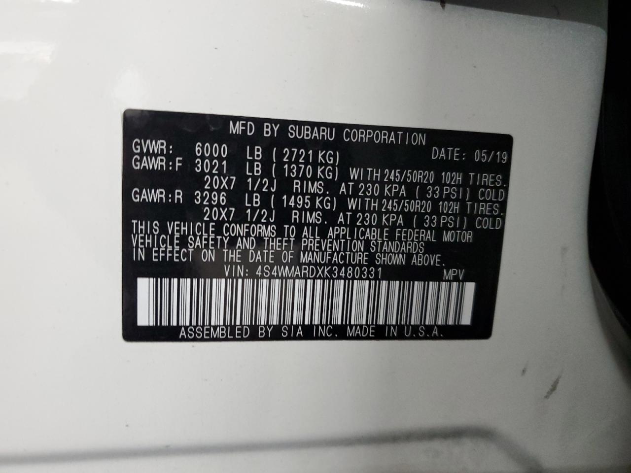 2019 Subaru Ascent Touring VIN: 4S4WMARDXK3480331 Lot: 84369595