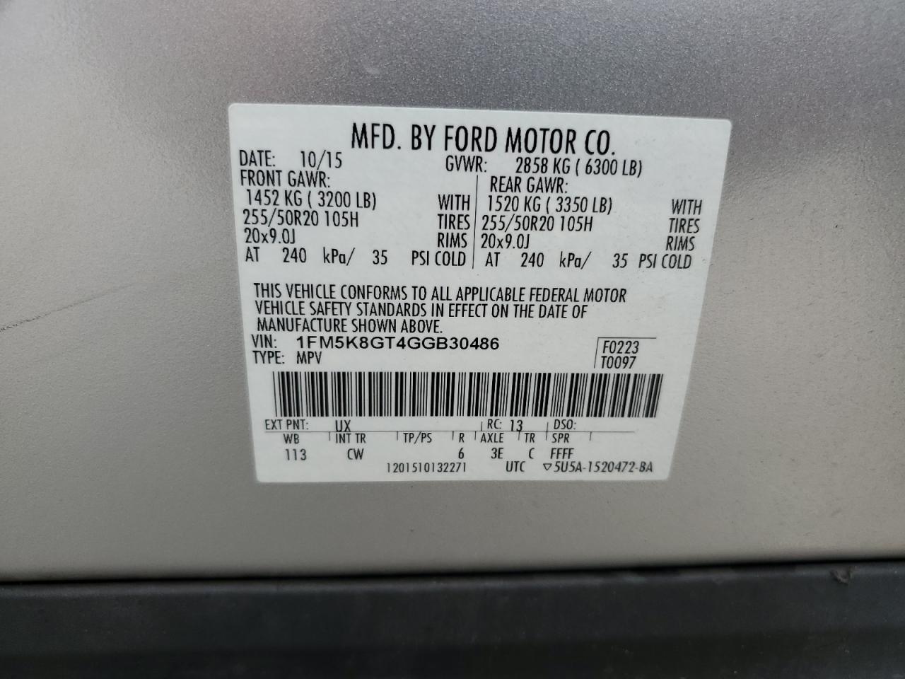 2016 Ford Explorer Sport VIN: 1FM5K8GT4GGB30486 Lot: 86053785