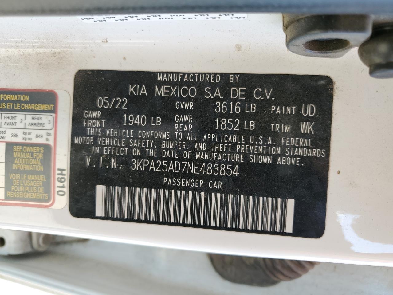 2022 Kia Rio S VIN: 3KPA25AD7NE483854 Lot: 85344305