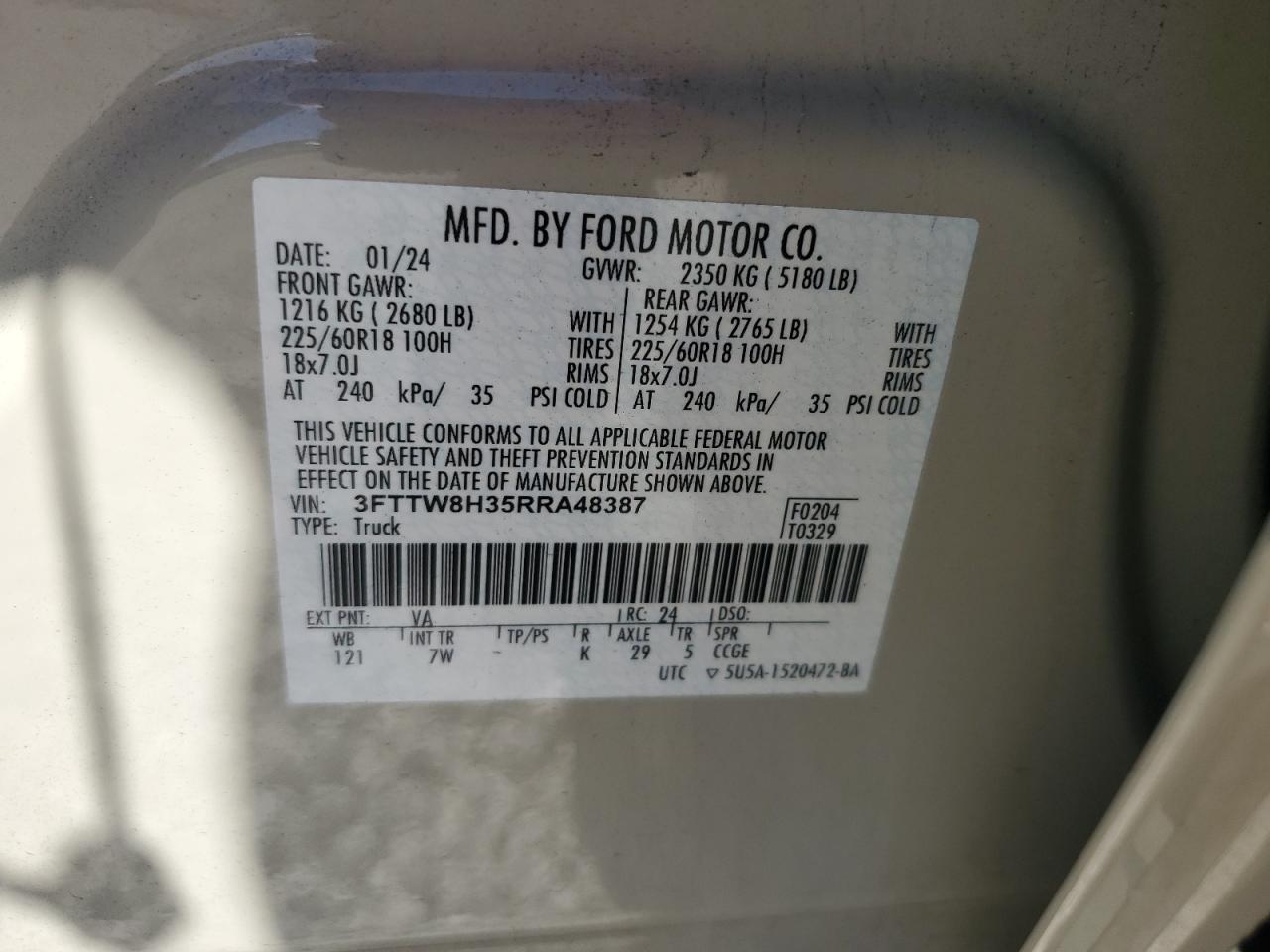 2024 Ford Maverick Xlt VIN: 3FTTW8H35RRA48387 Lot: 90637285