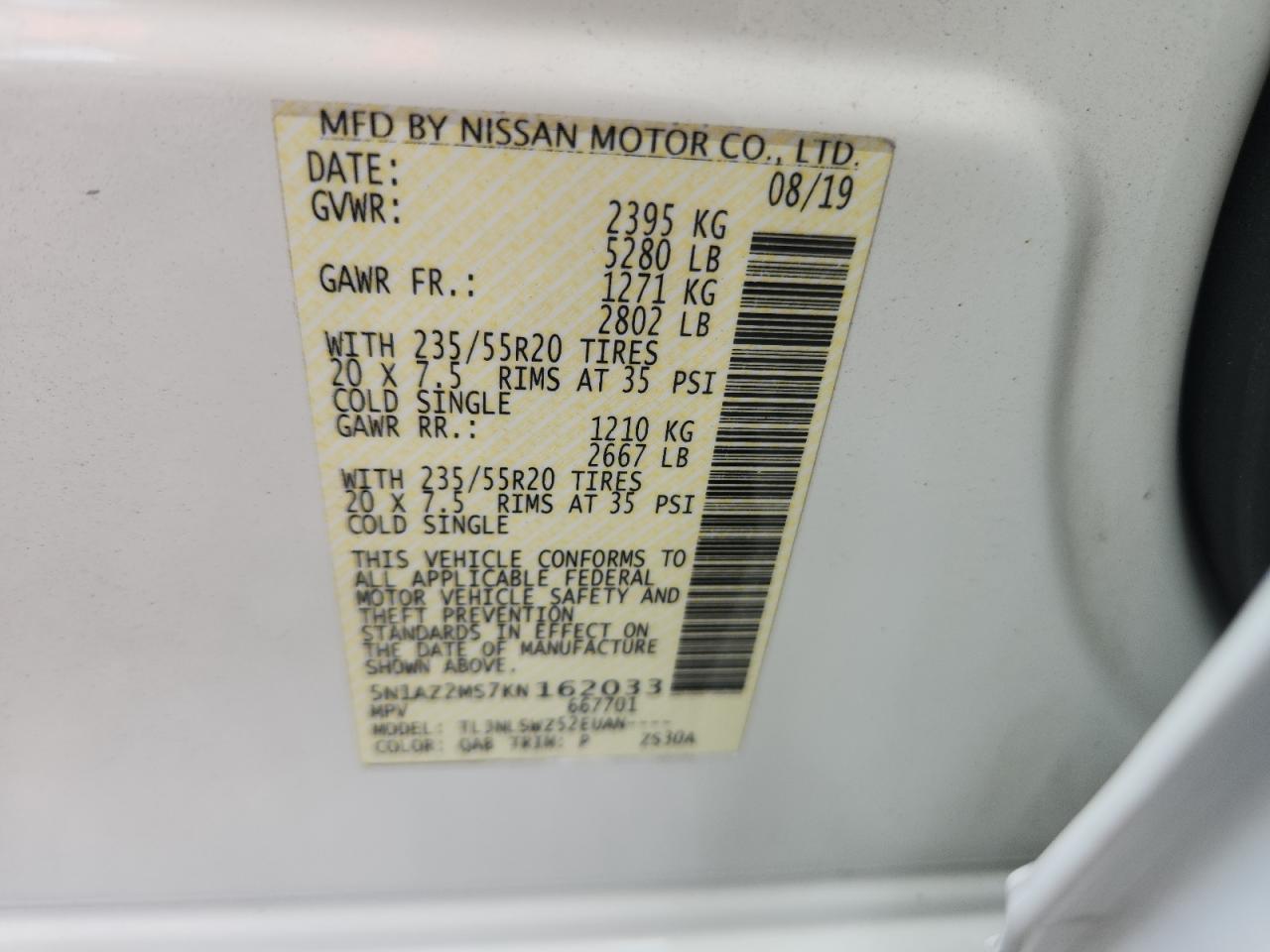 2019 Nissan Murano S VIN: 5N1AZ2MS7KN162033 Lot: 84947465