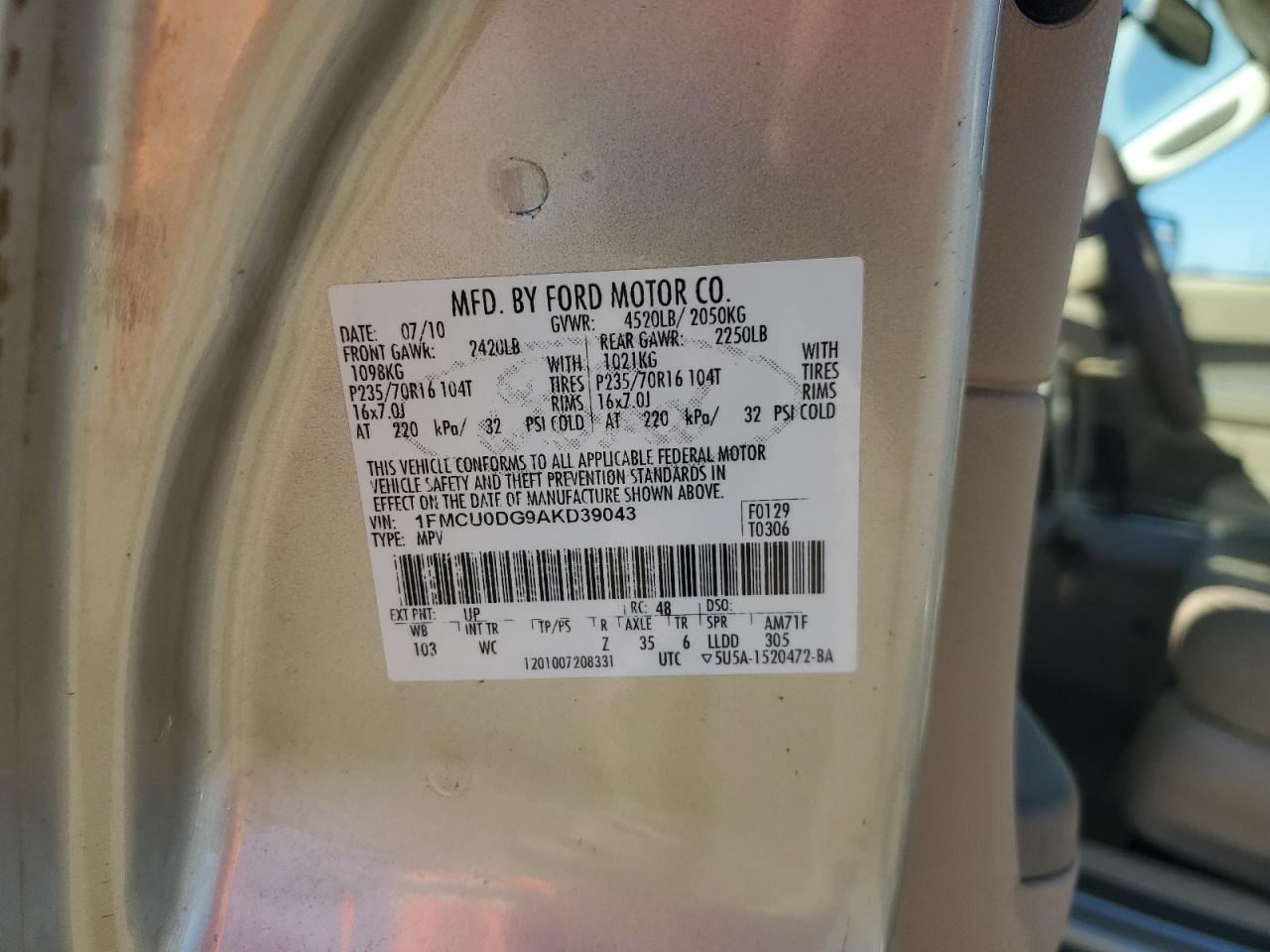 2010 Ford Escape Xlt VIN: 1FMCU0DG9AKD39043 Lot: 85185785