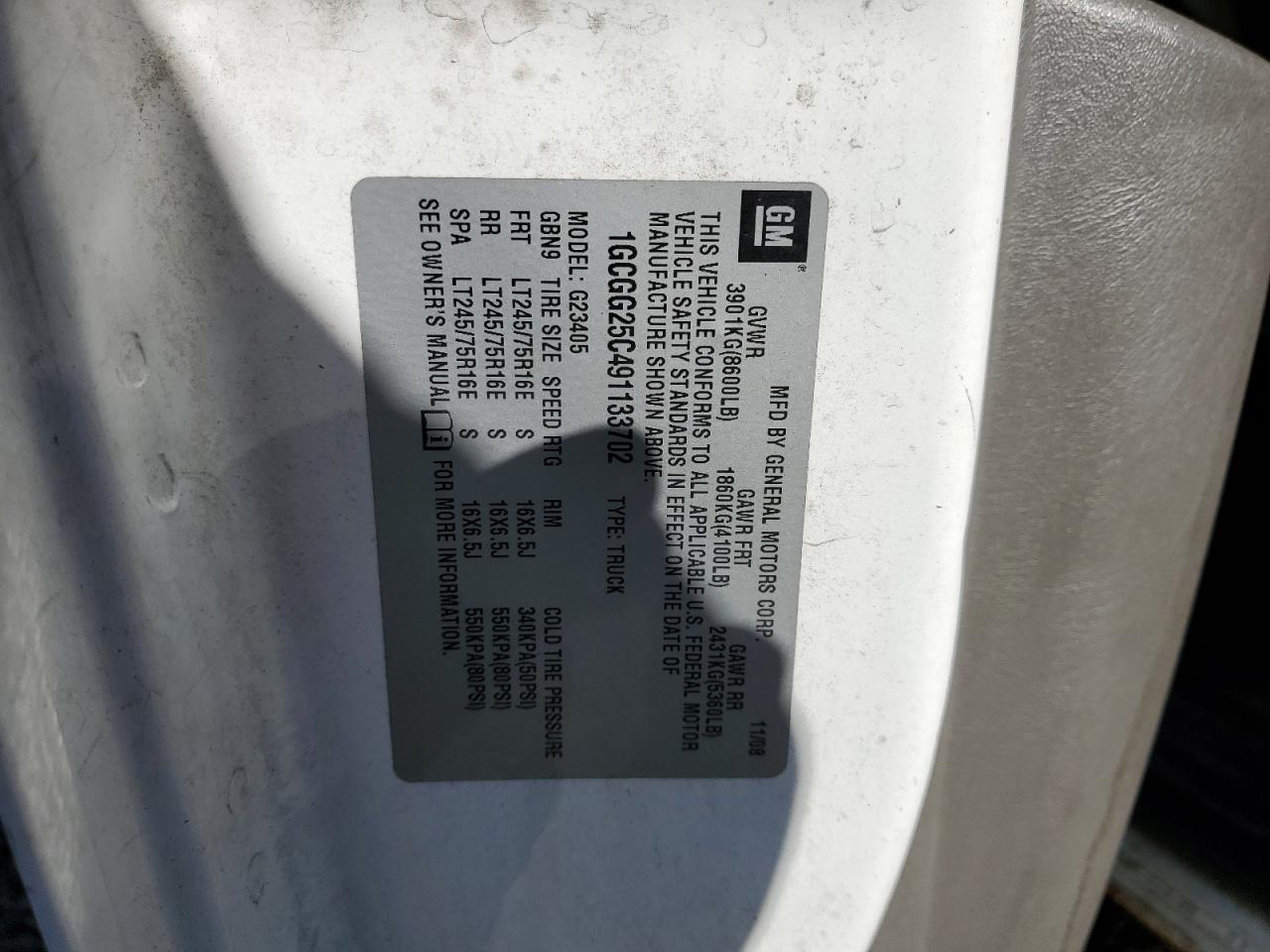 2009 Chevrolet Express G2500 VIN: 1GCGG25C491133702 Lot: 89687265