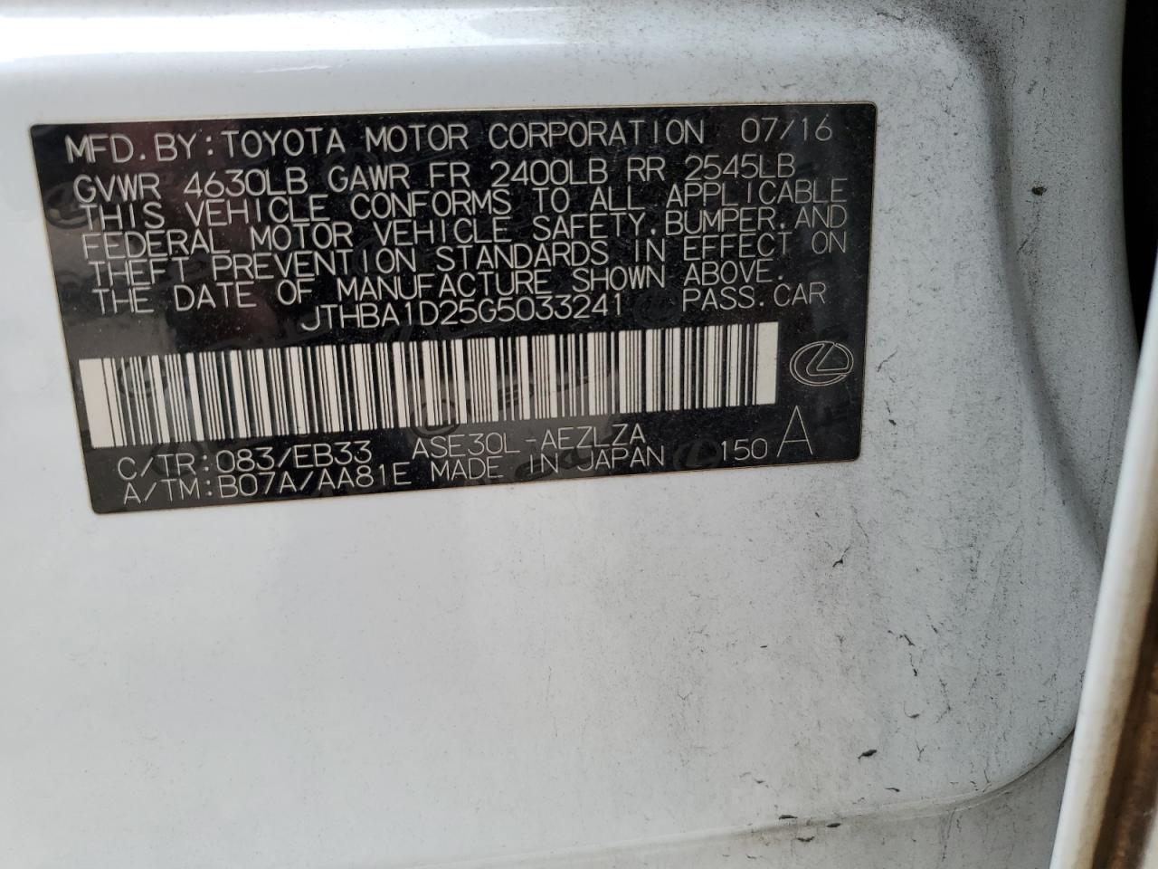 2016 Lexus Is 200T VIN: JTHBA1D25G5033241 Lot: 90500155