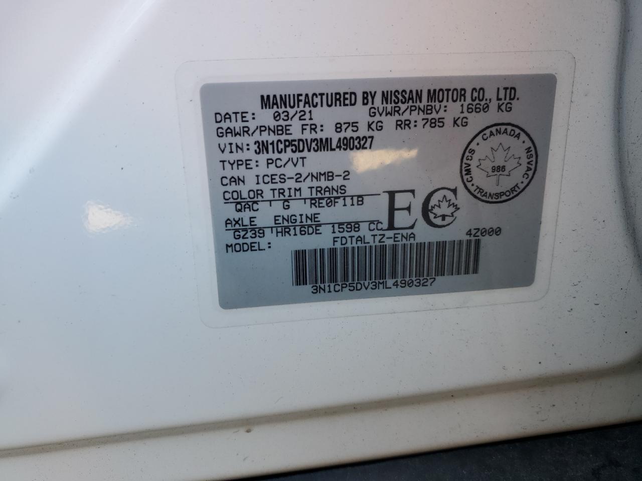 2021 Nissan Kicks Sr VIN: 3N1CP5DV3ML490327 Lot: 85707615