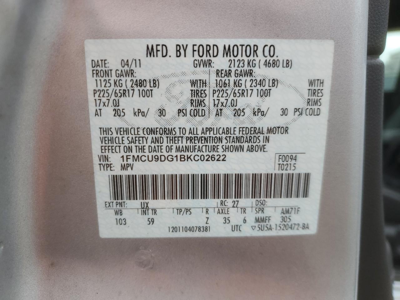 2011 Ford Escape Xlt VIN: 1FMCU9DG1BKC02622 Lot: 83992635