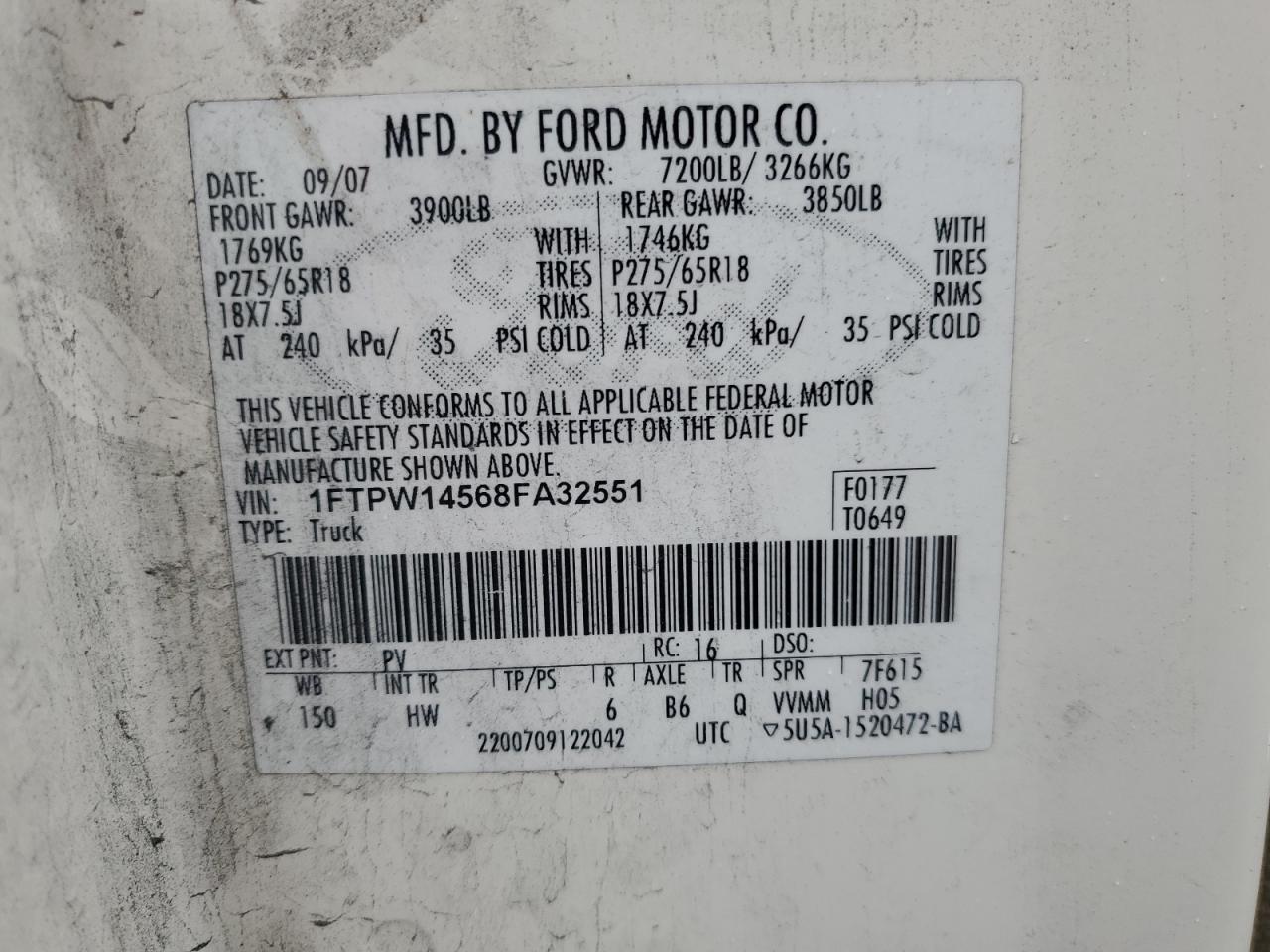 2008 Ford F150 Supercrew VIN: 1FTPW14568FA32551 Lot: 82453475