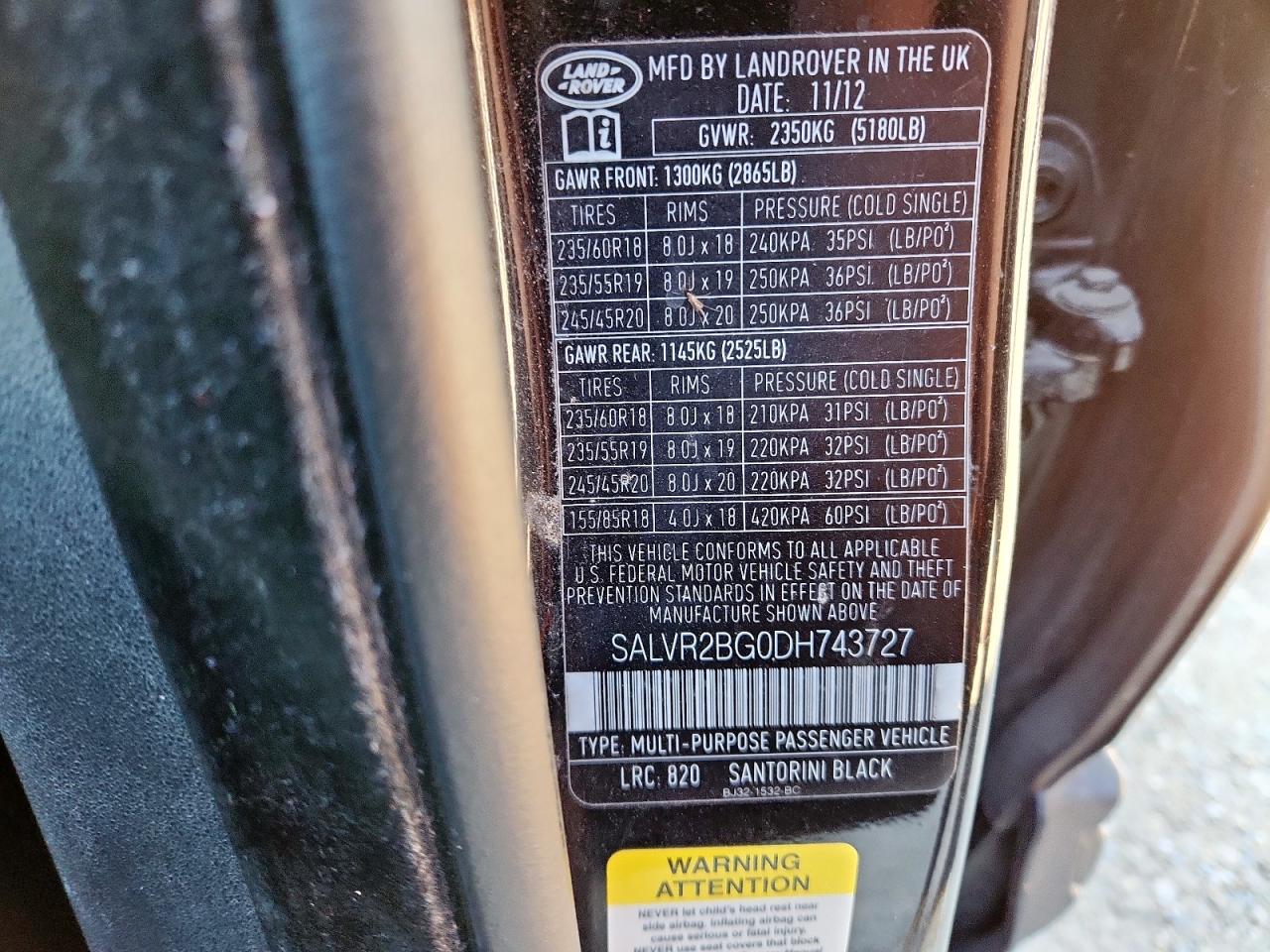 2013 Land Rover Range Rover Evoque Pure Premium VIN: SALVR2BG0DH743727 Lot: 90541885