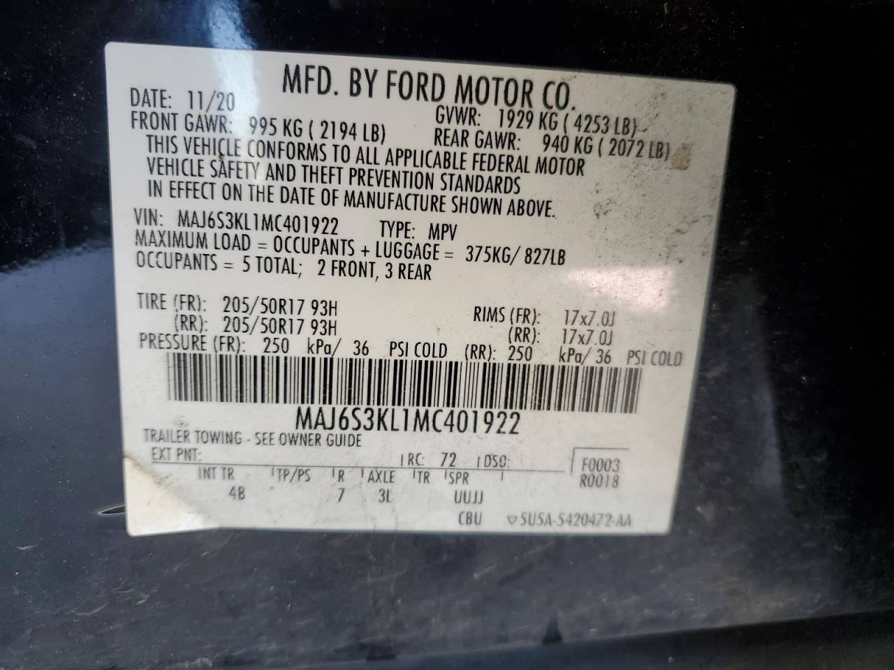 2021 Ford Ecosport Titanium VIN: MAJ6S3KL1MC401922 Lot: 89531955