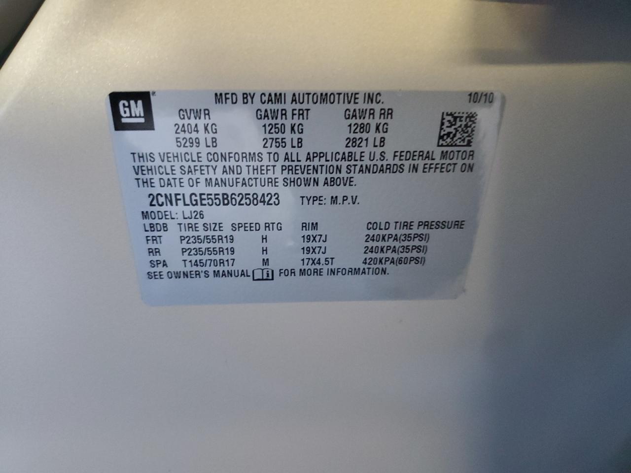 2011 Chevrolet Equinox Ltz VIN: 2CNFLGE55B6258423 Lot: 84828555