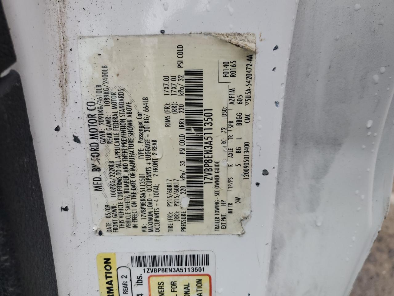 2010 Ford Mustang VIN: 1ZVBP8EN3A5113501 Lot: 86463785