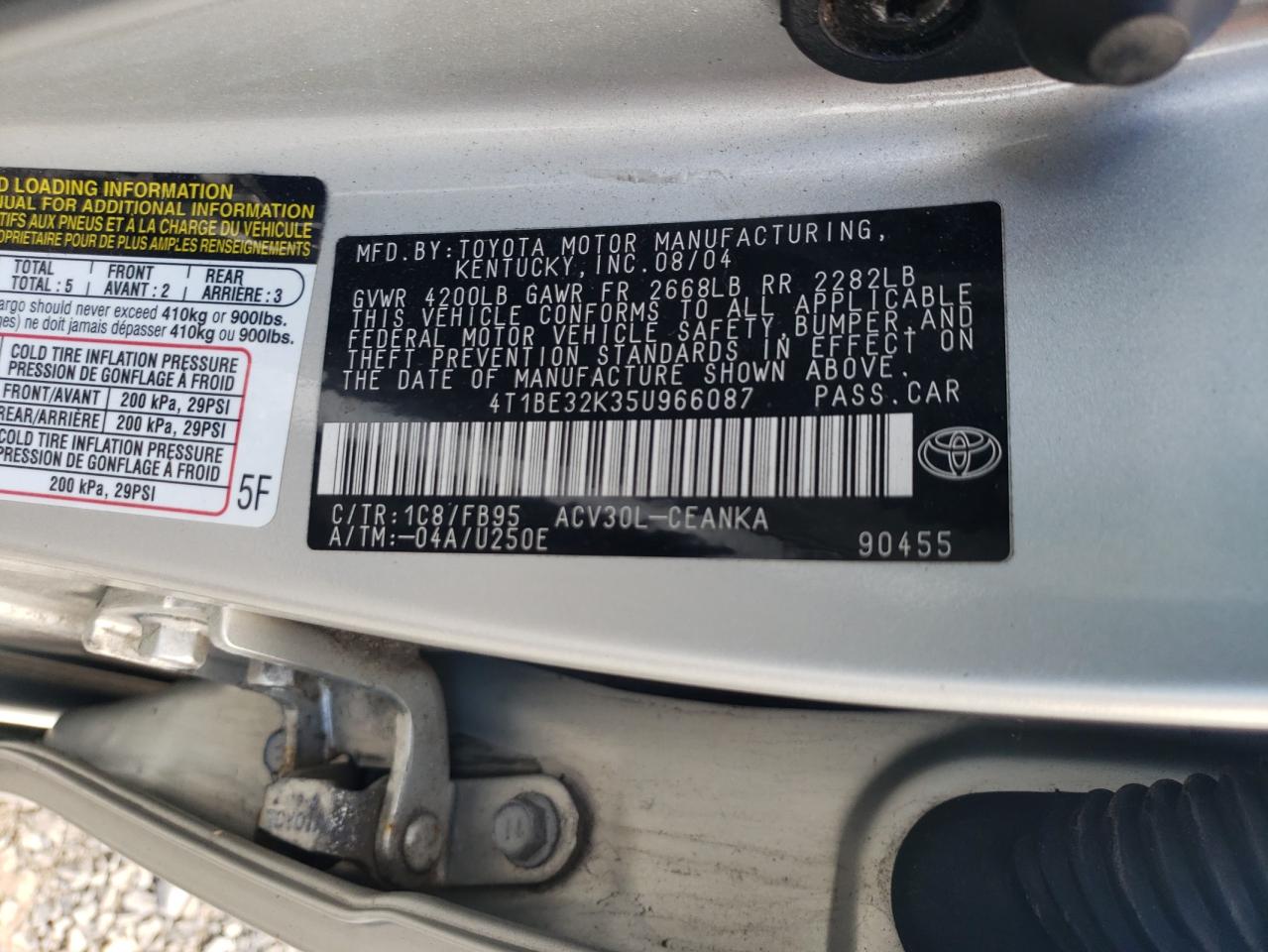 2005 Toyota Camry Le VIN: 4T1BE32K35U966087 Lot: 86119125