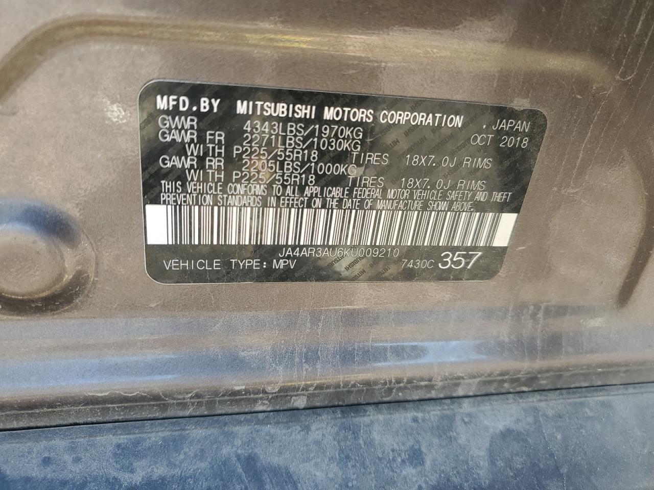 2019 Mitsubishi Outlander Sport Es VIN: JA4AR3AU6KU009210 Lot: 90271385