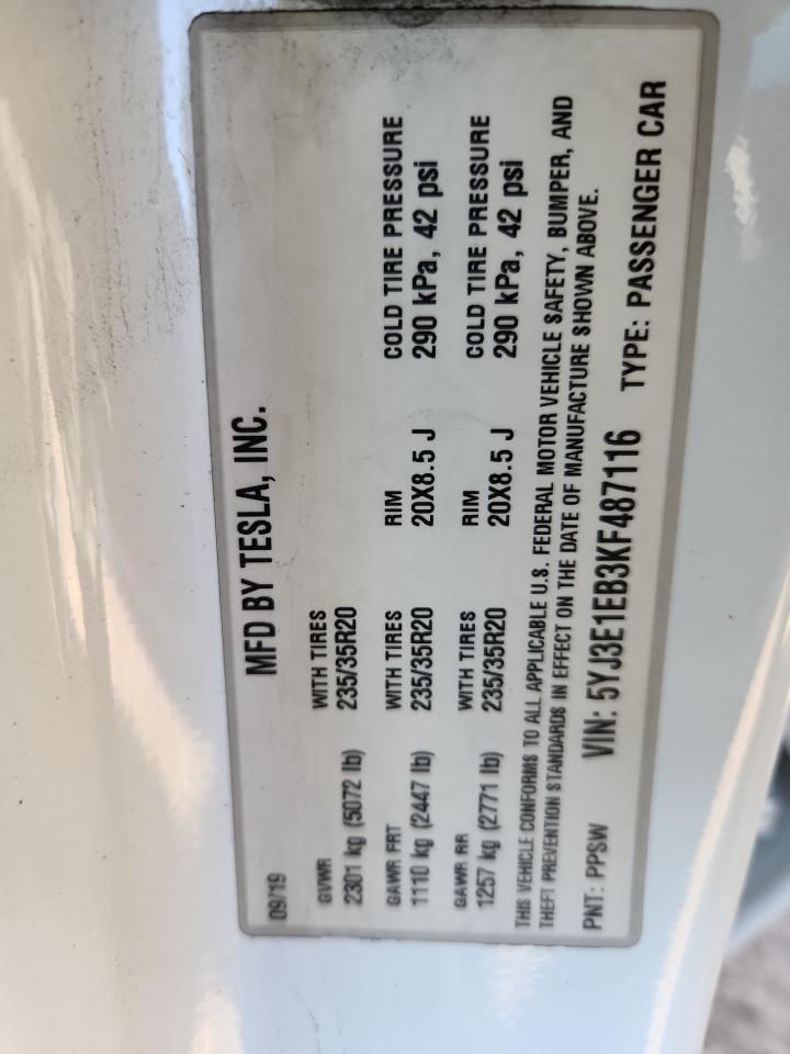 2019 Tesla Model 3 VIN: 5YJ3E1EB3KF487116 Lot: 82503085