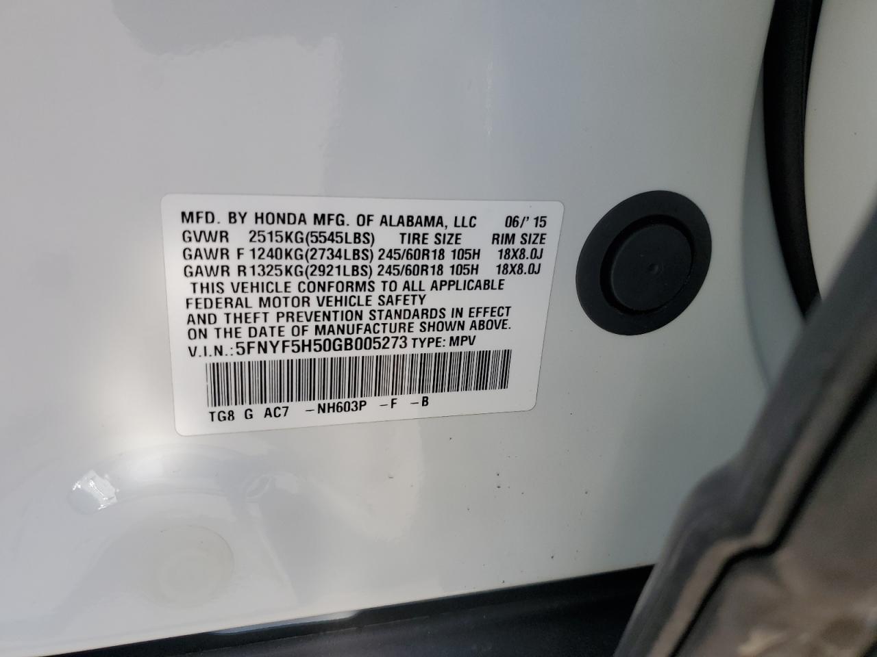 2016 Honda Pilot Exl VIN: 5FNYF5H50GB005273 Lot: 90371135