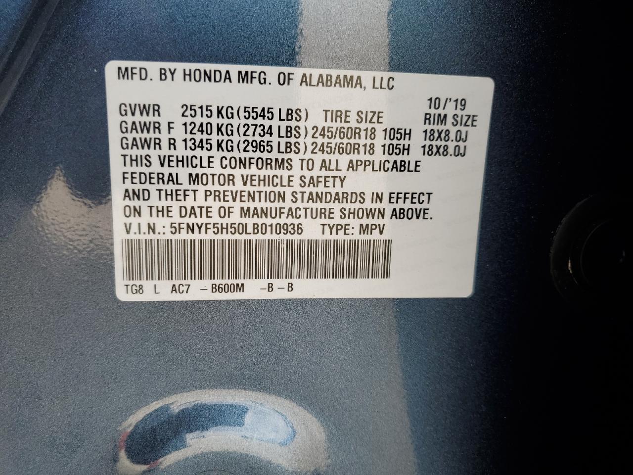 2020 Honda Pilot Exl VIN: 5FNYF5H50LB010936 Lot: 85367605