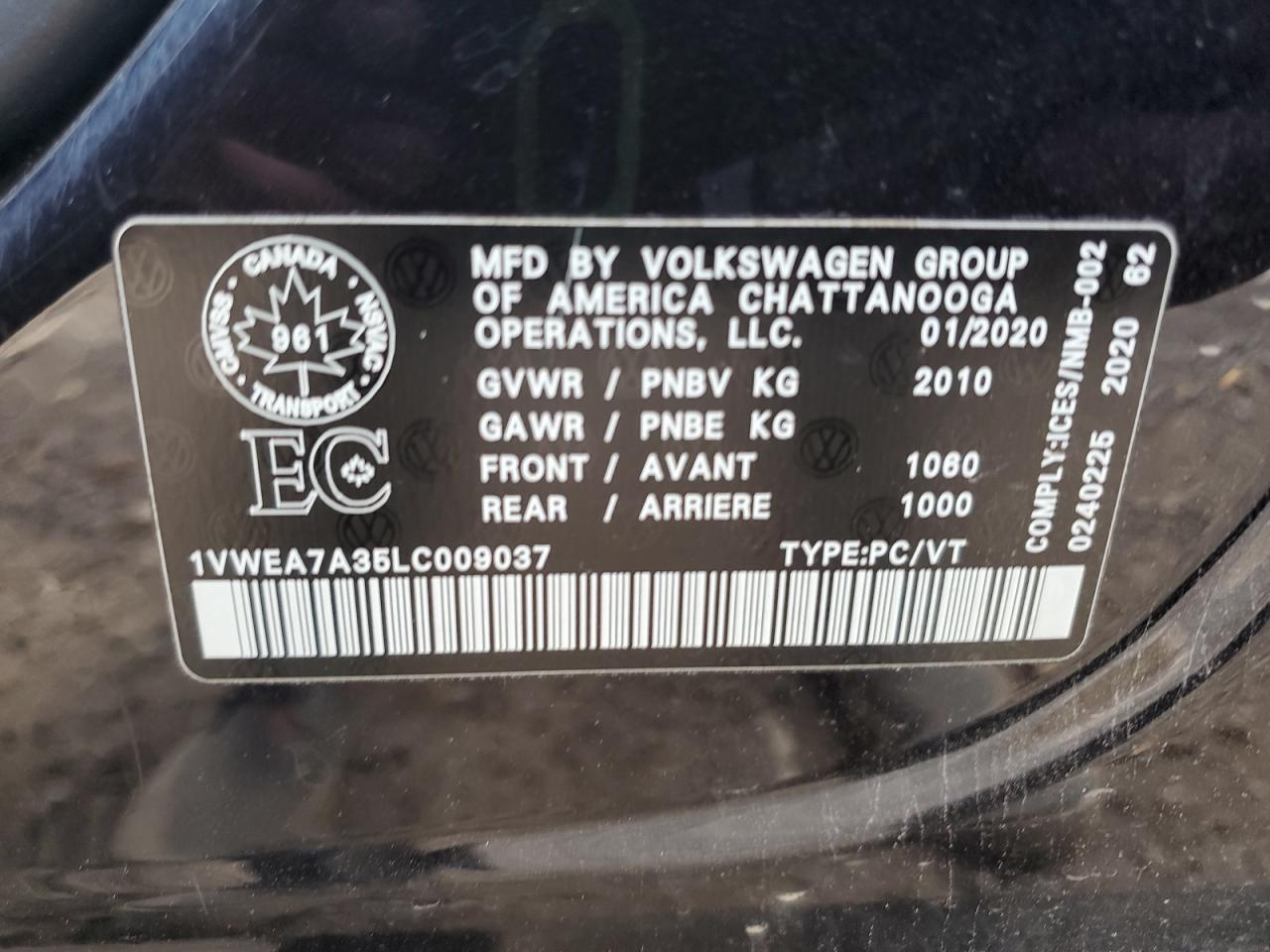 2020 Volkswagen Passat Execline W/ R-Line VIN: 1VWEA7A35LC009037 Lot: 84216415