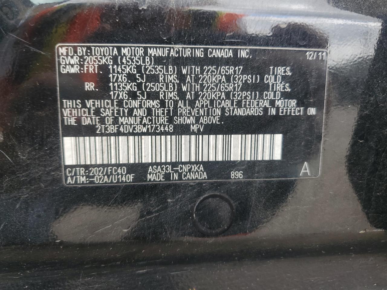 2011 Toyota Rav4 VIN: 2T3BF4DV3BW173448 Lot: 85275125