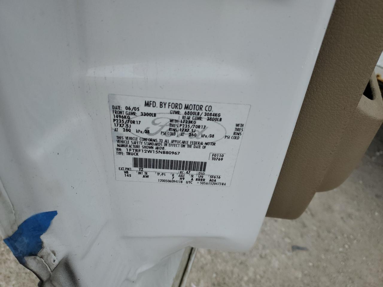2005 Ford F150 VIN: 1FTRF12W15NB80967 Lot: 82782795
