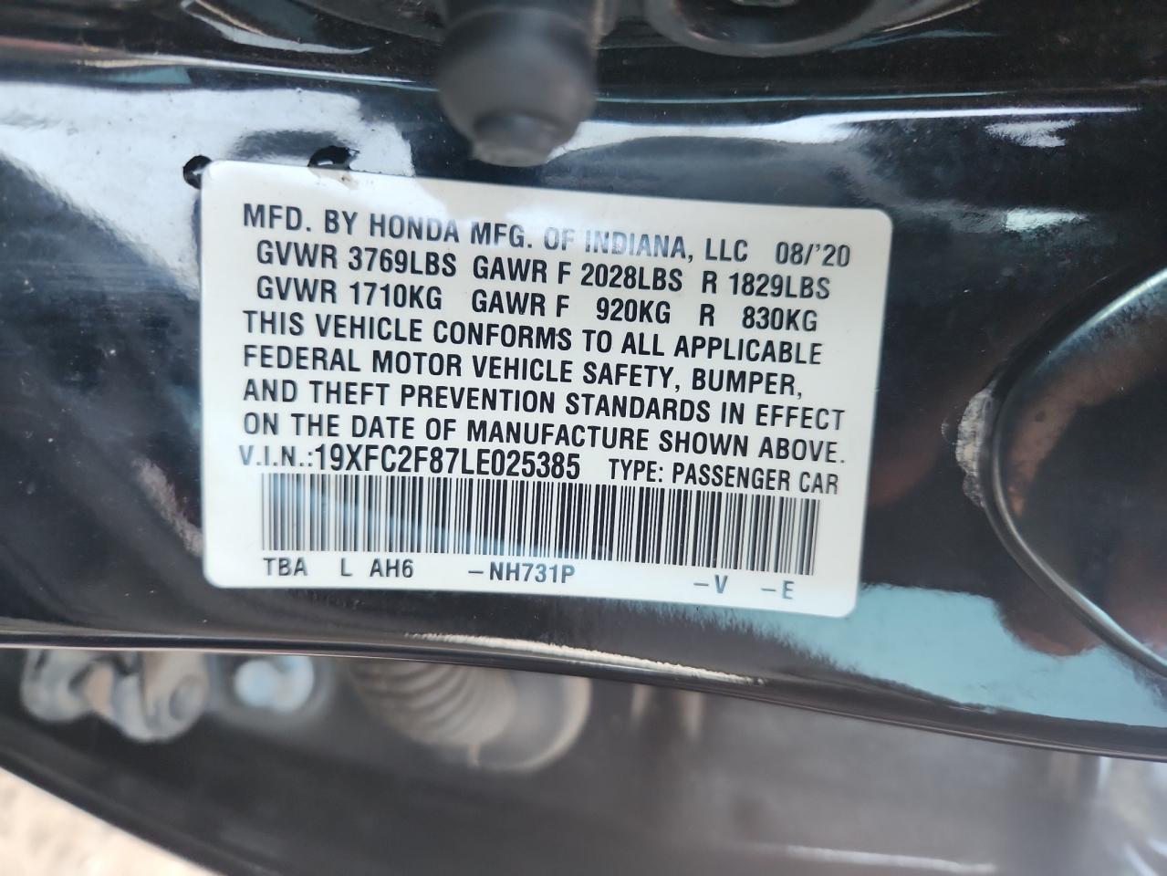 2020 Honda Civic Sport VIN: 19XFC2F87LE025385 Lot: 82252415
